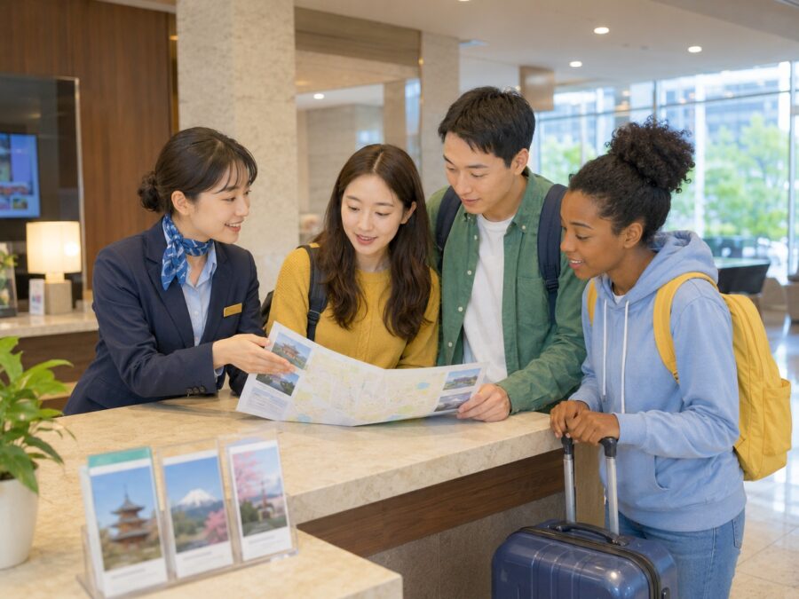 観光やホテルで海外から訪れる人に対応するイメージ